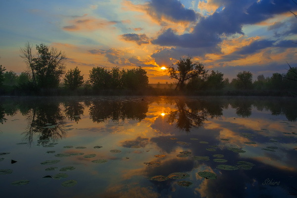 Lago con riflessi e colori naturali, atmosfera calma